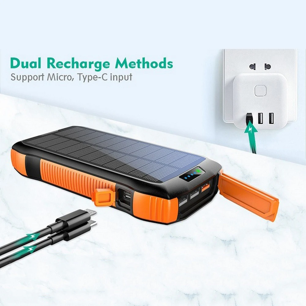 

Wireless Charger USB 18W Quick Charger Solar Power Bank 20000mAh Type C Input Port Dual Flashlight Dustproof