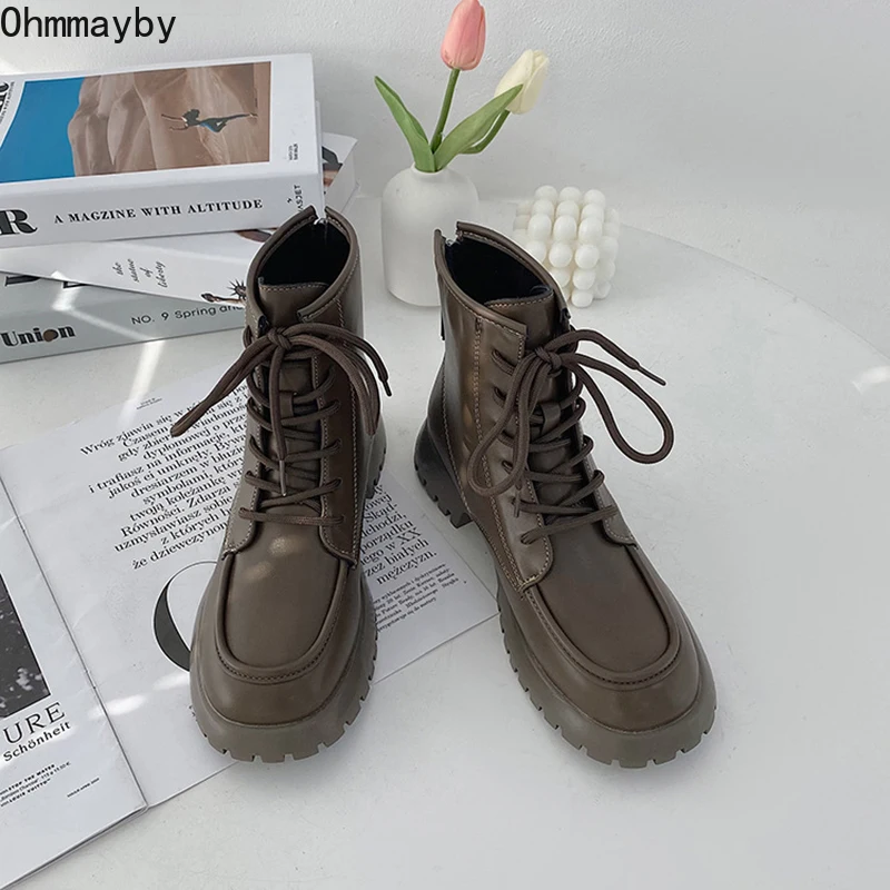 

2022 Winter Platform Motorcycle Boots Women Ankle Booties Lace Up Bootties Non Slip Fashion Zippers Long botas de mujer