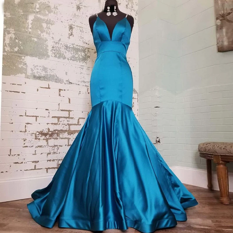 

Teal Long Satin Mermaid Prom Dresses 2021 Spaghetti Straps V Neck Formal Evening Party Gowns Robe De Soiree