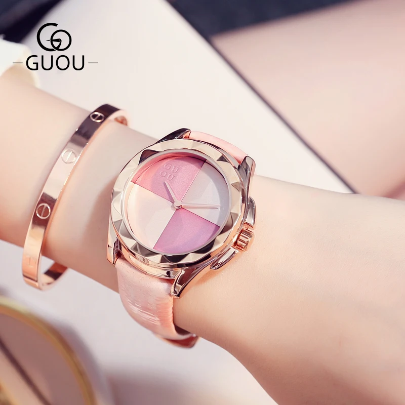 

GUOU Gold Plated Women Watch Quartz Movement Genuine Leather Strap Ladies Watches Waterproof Charm Female Wristwatches Clocks