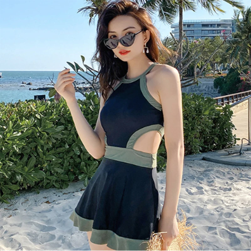 

Купальник женский цельный с юбкой сексуальный 2021 корейский стиль Ins Fairy Fan консервативно прикрывает живот и демонстрирует тонкую грудь