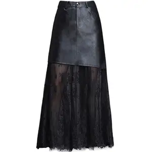 Женская длинная юбка из искусственной кожи с кружевом и высокой талией