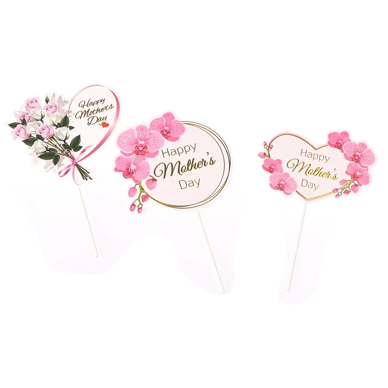 

3styles Happy Mother`s Day Cake Topper For Mother`s Day Gift Cupcake Dessert Supplies Pink Heart Flower Rose Toppers Decoration