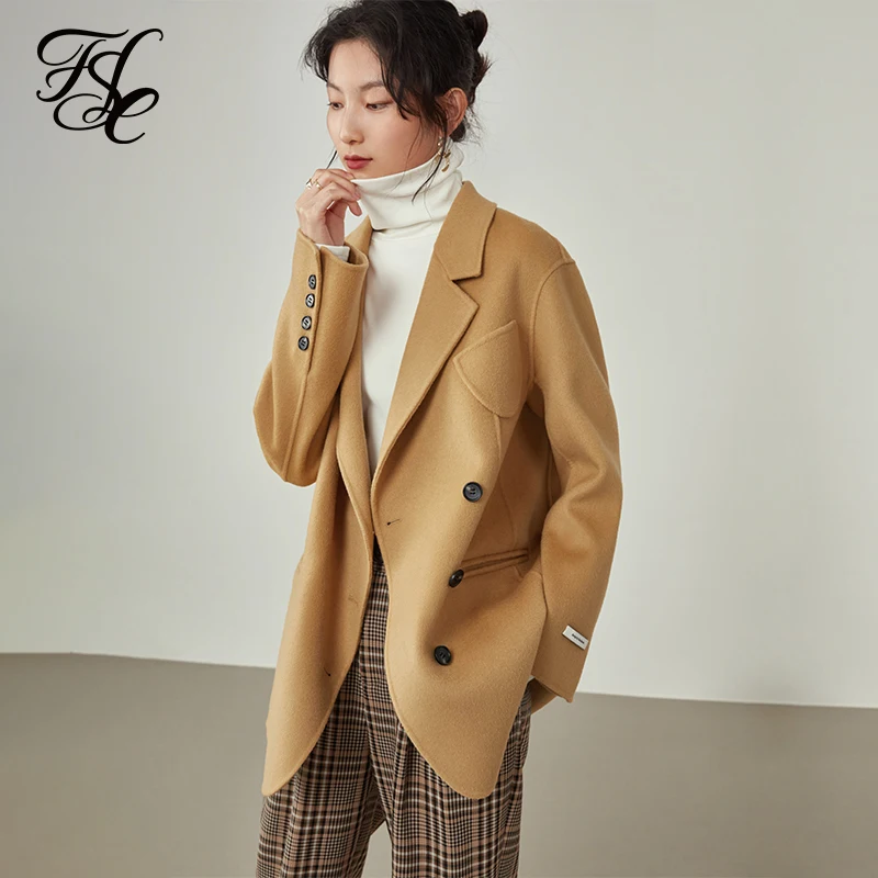 

Женское двустороннее шерстяное пальто fansilзанен, черное асимметричное кашемировое пальто с подкладкой, пальто верблюжьего цвета для зимы