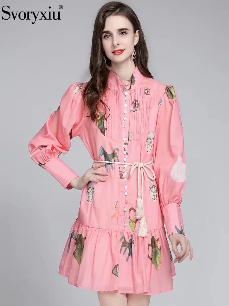 

Svoryxiu Fashion Summer Woman Pink Elegant A-Line Short Dress Stand Collar Sashes Slim Geometric Print Single Breasted Dresses