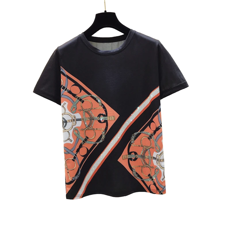 

Plus Size T Shirt for Women 2021 Summer Wear Heavy Industry Hot Drilling Retro Short Sleeve T-shirt Ladies Tops Ropa Mujer