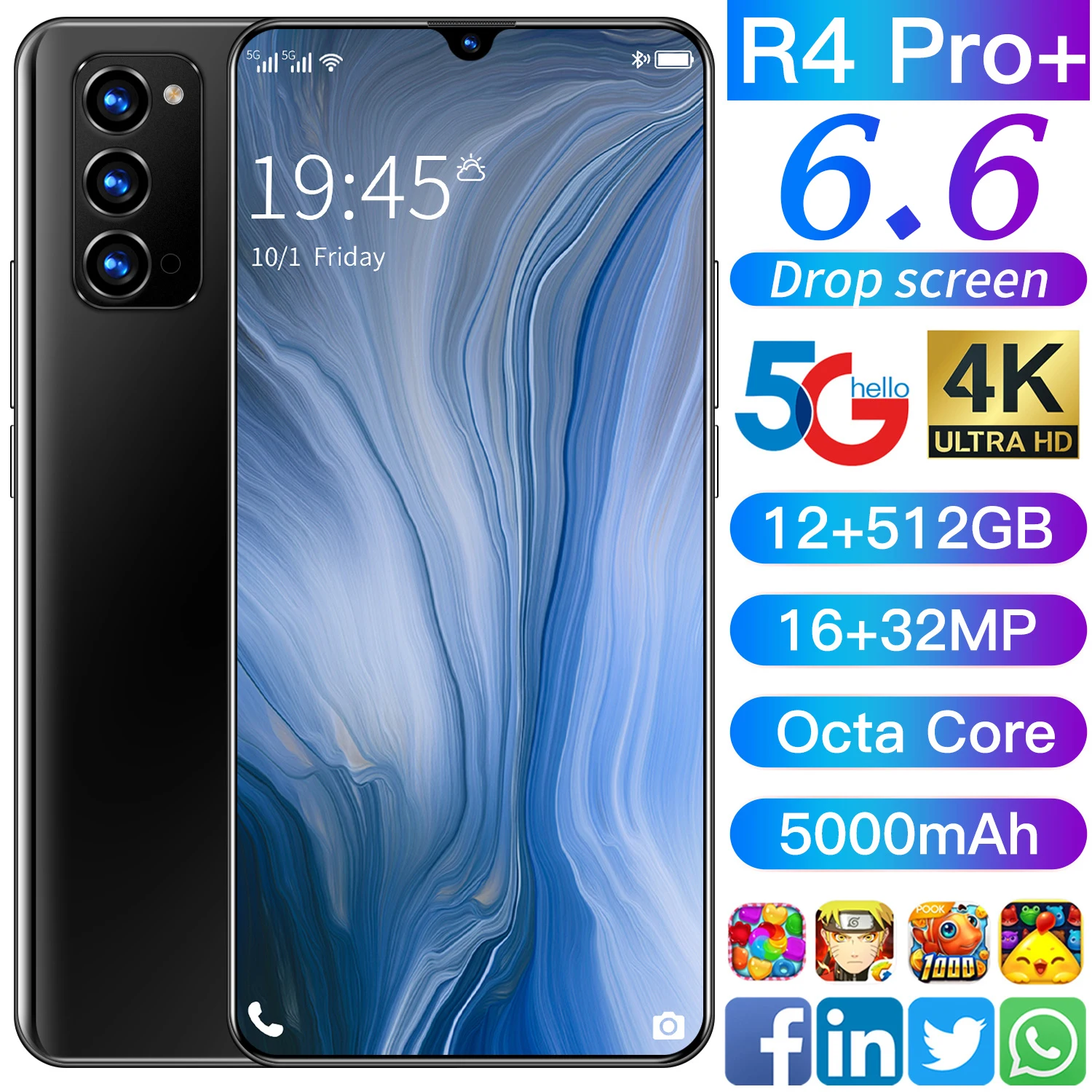

2021 Newest R4 Pro+ 6.6'' 4k SmartPhone 12+512G 5000mAh Mobilephone 16+32MP with Face\Fingerptint Unlock 5G Full Sceen Cellphone