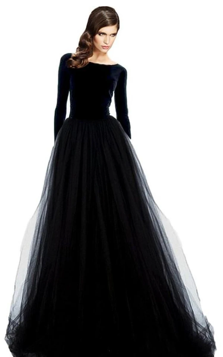 

2021 Stunning Long Sleeve Evening Dresses Black Prom Party Dress Bateau Neck Open Back Tulle Skirt Floor Length Formal Wear Sle