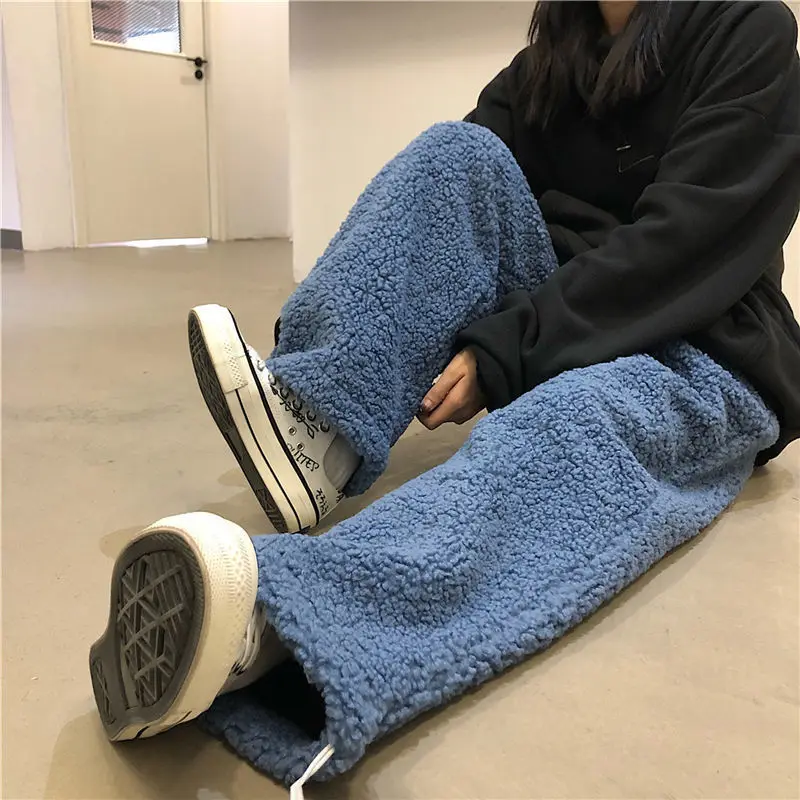 

Fernan Lambswool Thick Warm Womens Pants Drawstring Sweatpants Oversize Harajuku Winter Y2k Pants Fashion Blue Casual Trousers