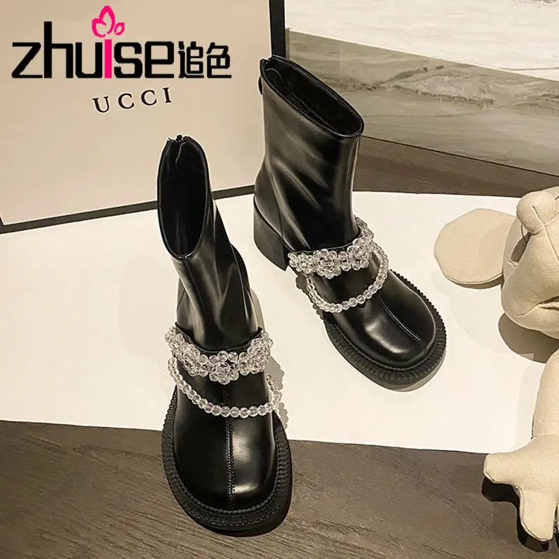 

2021 spring and autumn new British short boots round head thick heel wild rhinestone beaded big head zipper fashion boots women