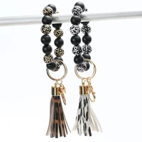 pu leather tassel keychain for women wood beads bracelet keychain keyring fashion jewelry accessories