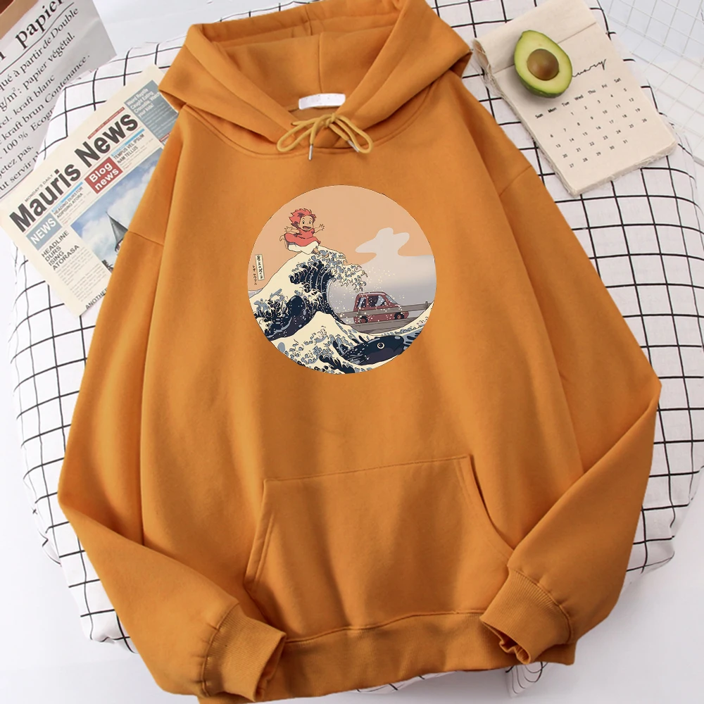 

2021 Loose Vintage Tops Hokusai On The Cliff By The Sea Print Men Hooded Coldproof Fashion Male Sweatshirt Oversize Loose Hoodie
