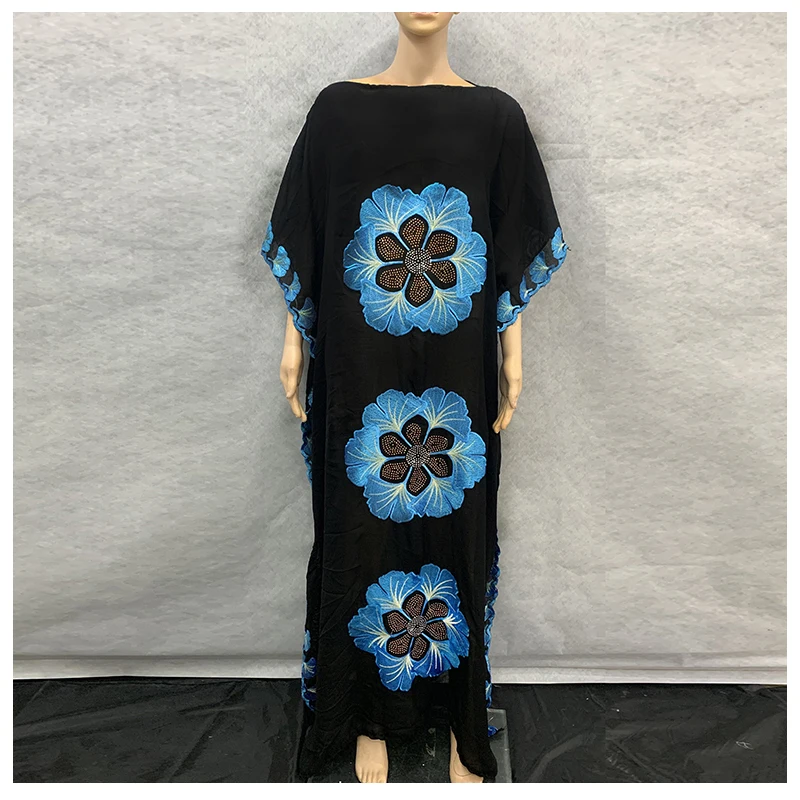 

New African Long Abaya Flower Diamond 100％ cotton Chiffon Loose size Long Dashiki Dress with scarf For Lady 1024#