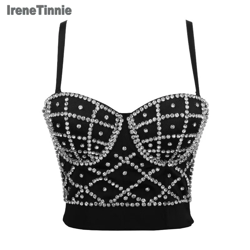 IRENE TINNIE Women's Rhinestone Crop Top Sexy Backless Strap Beaded Corset Festival Night Club Party Wedding Camis