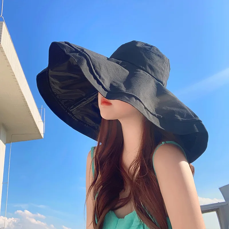 

Japanese Black Glue Sunscreen Hat Women's Summer Super Large Eaves Anti Ultraviolet Sunshade Hat Foldable Fisherman's Hat