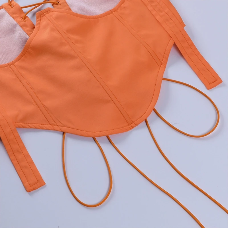 

Orange Sexy Corset Top Summer Patchwork Slim Bustier Lace Up Backless Suspenders with Hasp for Womens D0LF