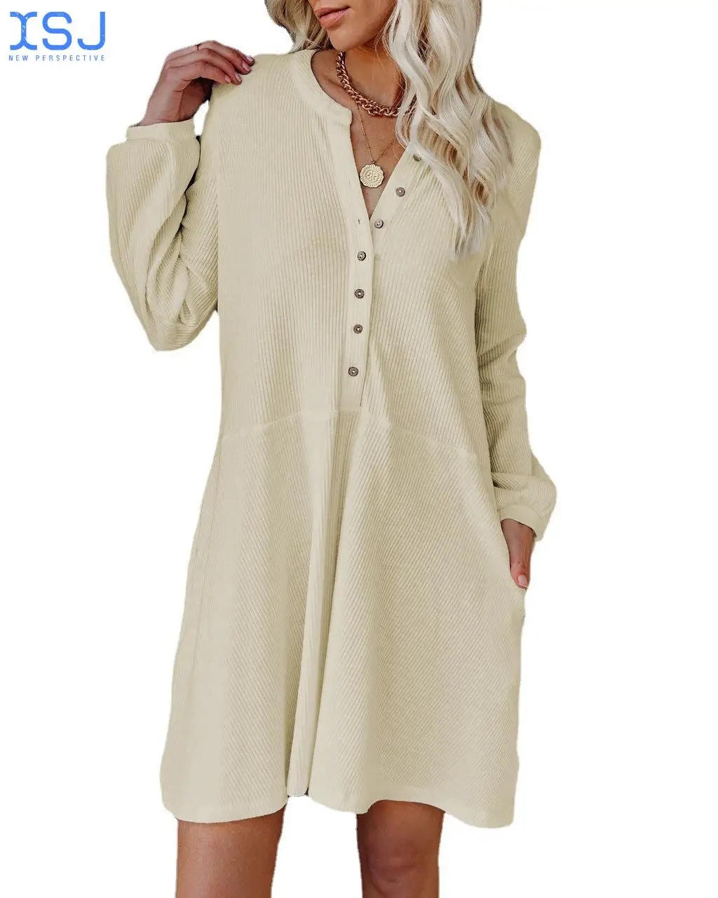 

Hot Style Solid Color V-Neck Long-Sleeved Button Casual Dress Women's Clothing