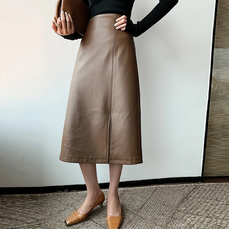 

PU Faux Leather Skirts Women High Waist Female Chic A-line Mid-calf Skirt Fashion Solid Office Lady 2021 Autumn Winter