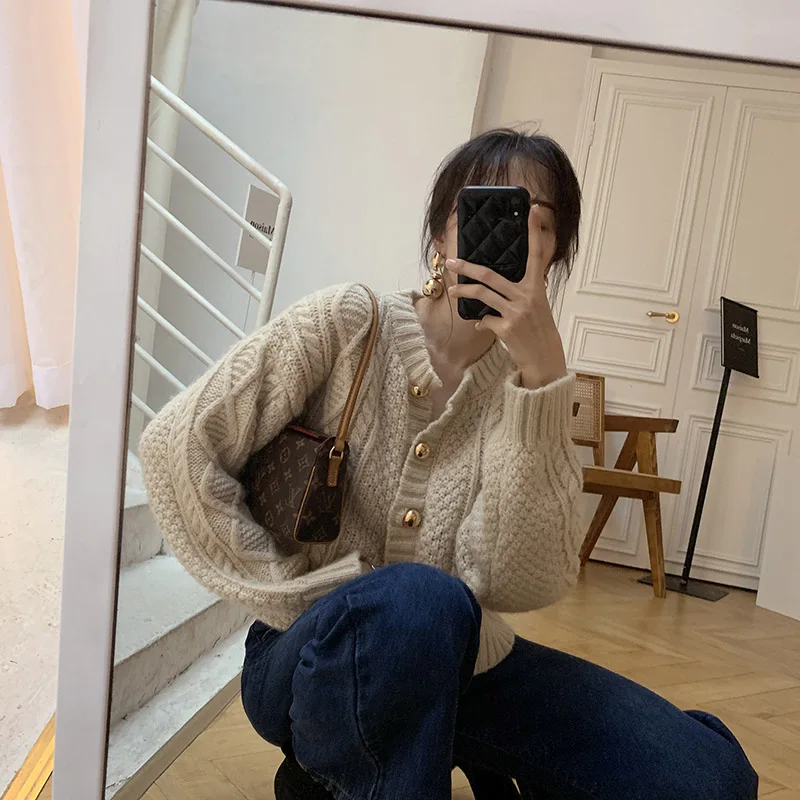 Осенне-зимний толстый короткий кардиган Lazy Oaf, Женский винтажный однобортный вязаный женский кардиган с круглым вырезом