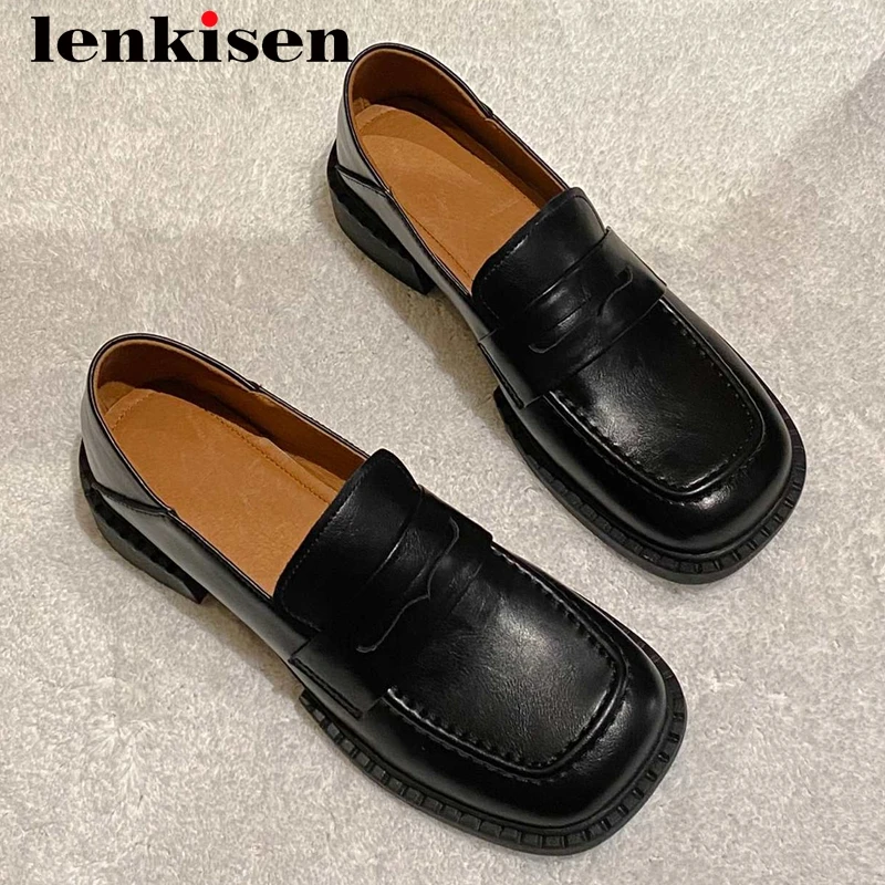 

Lenkisen preppy style cow split leather concise square toe thick med heel slip on high quality dating soft gentlewomen pumps L86