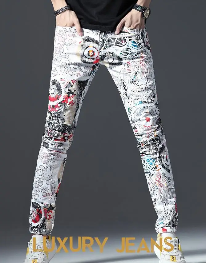 Новые мужские модные узкие джинсы с принтом граффити белые эластичные хлопковые