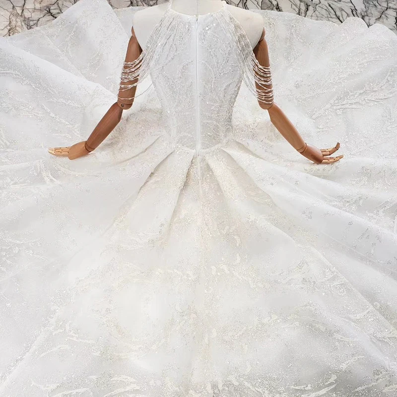 BGW 21320ht Wedding Gowns With Long Train Sleeveless Beading Sequined Zipper O-neck Wedding Dress A Line Vestido De Novia 2019