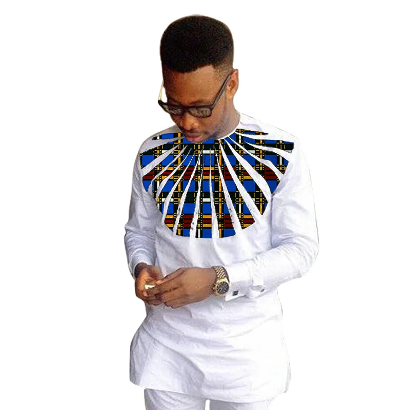 African clothing men's shirt O-neck Ankara white with print tops patchwork customized wear male dashiki for wedding | Мужская одежда