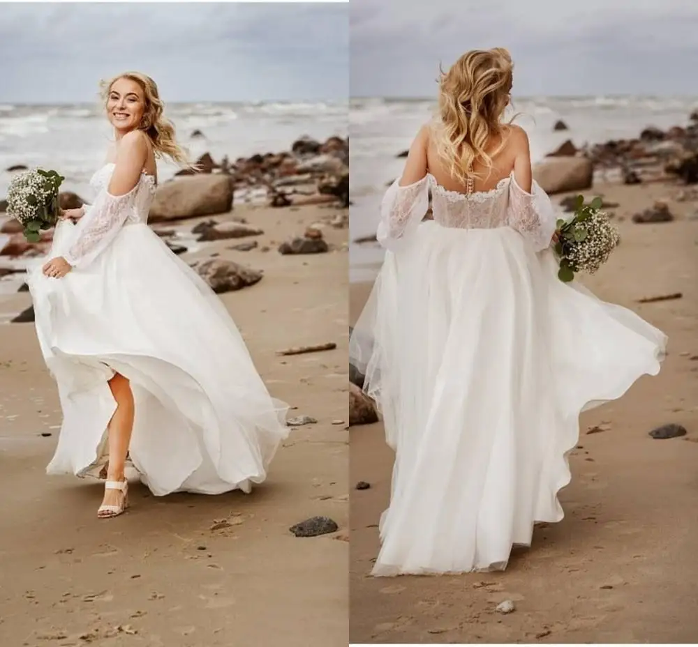 Платье невесты в богемном стиле Пляжное свадебное платье с низкой спиной пол