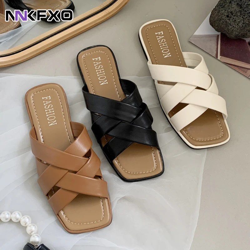 

2022 summer new Korean style flat toe square toe Thin belt flat sandals women's slippers flip flops sandals for women vc2985