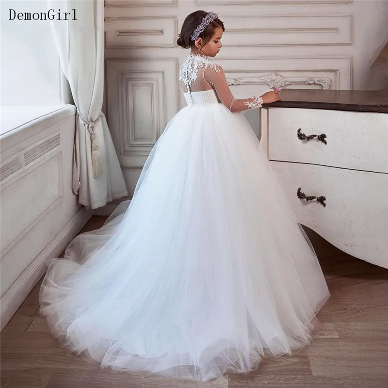

Stunning White/Ivory Flower Girl Dresses Tulle Lace Kids Pageant Gown Floor Length Little Princess First Communion Dresses
