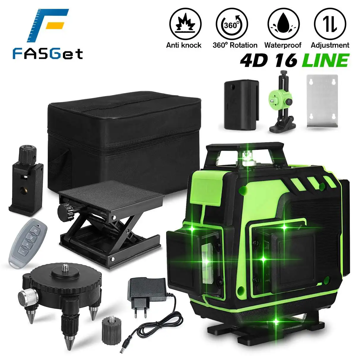 

Лазерный уровень FASGet 16 линий 4D самовыравнивающийся 360 горизонтальный и вертикальный крест супермощный зеленый лазерный уровень