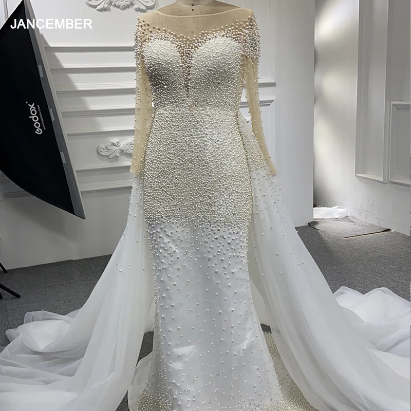 

RSM67182D свадебное платье с жемчугом Long Sleeve Detachable Train Plus Size Wedding Dresses With Sleeves Robe De Mariage SirèNe