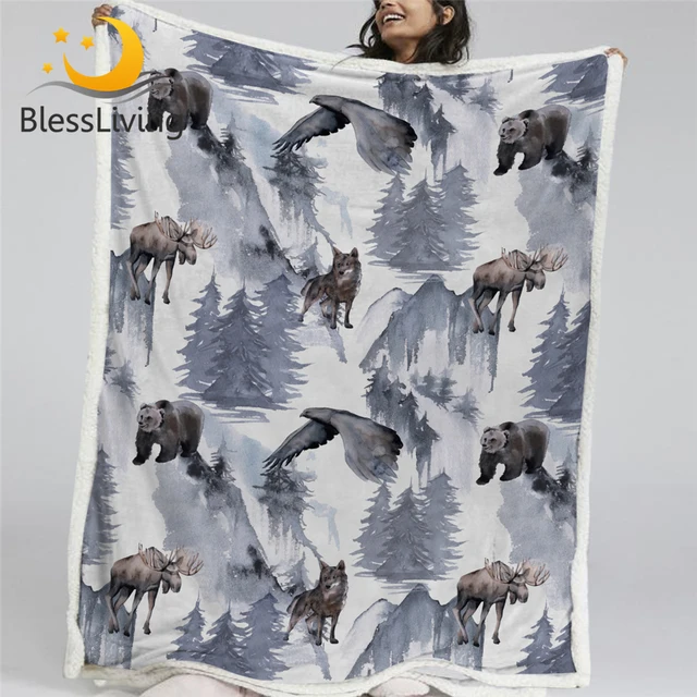 BlessLiving Wild Animals Furry Blanket Watercolor Custom Blanket Natural Tree Bedding Bear Elk Wolf Plush Blanket Mantas De Cama 1