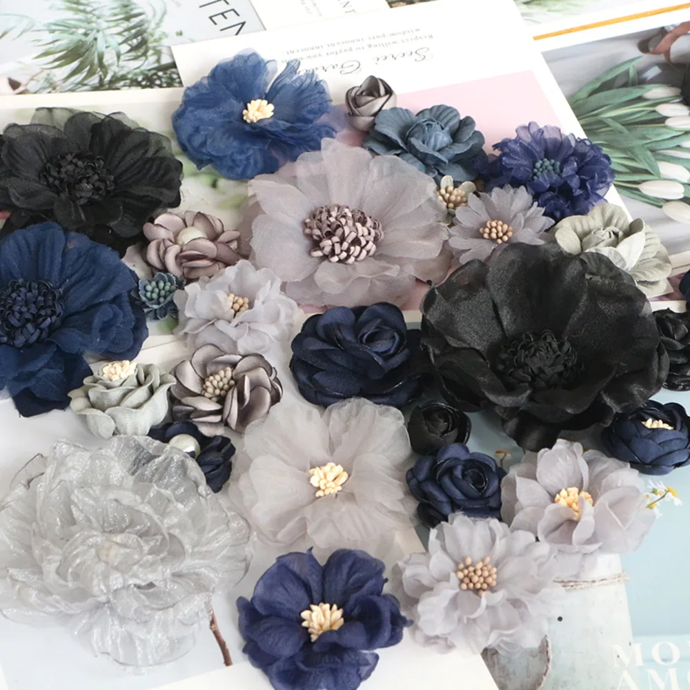 10 шт./лот серия серый черный Камелия Роза шифоновая ткань цветок для свадебного