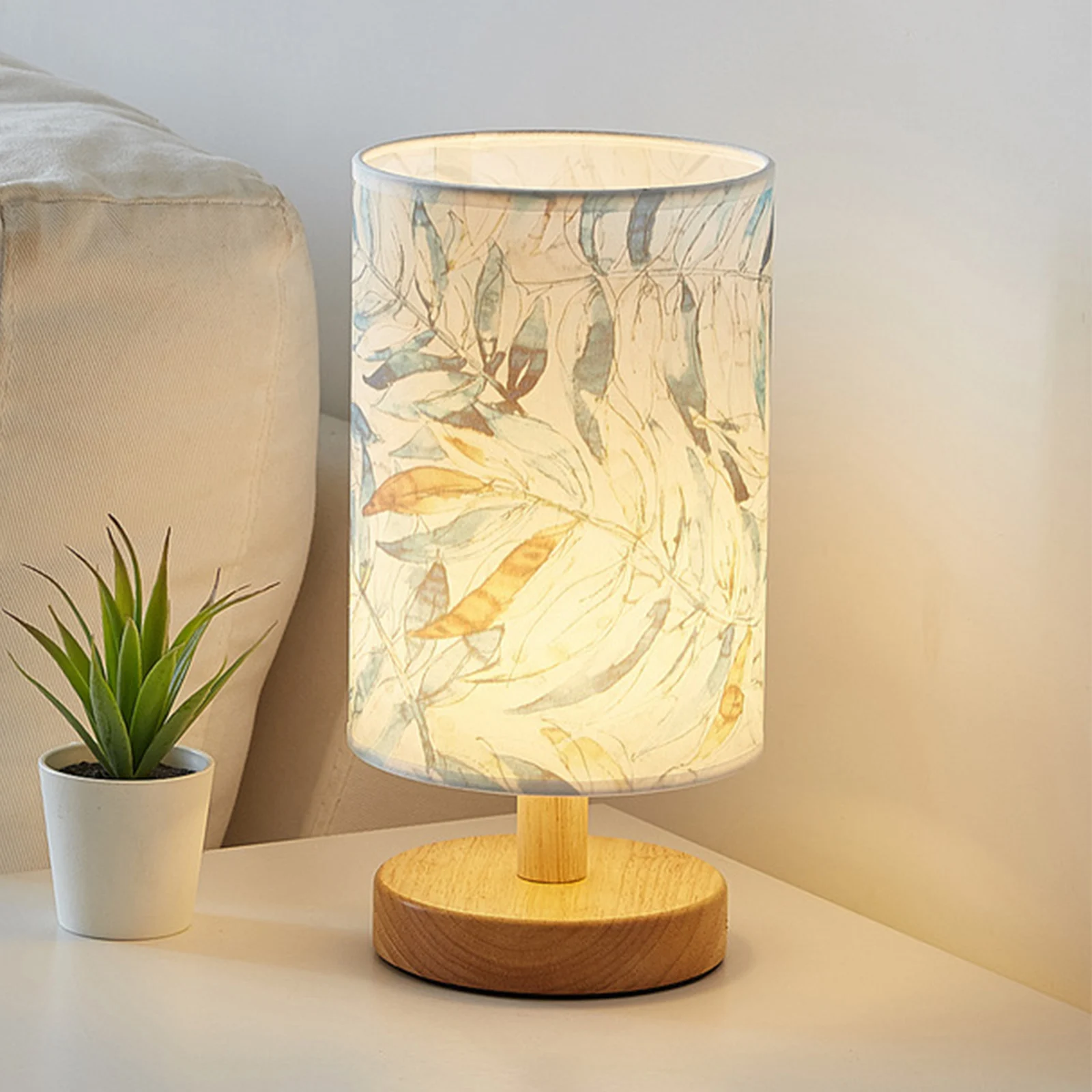 

Bedside Table Lamp, Dimmable USB LED Desk Light with Fabric Shade Wood Base