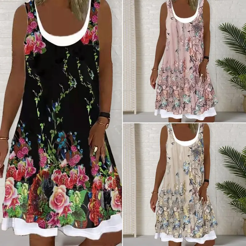

Sexy Summer Print Sleeveless Vest Dress Women's Casual O Neck Fashion T Shirt Dress Vintage Beach Bohemia Party Dress