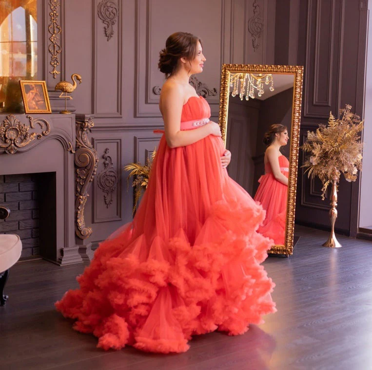 

Extra Puffy Tulle Maternity Dresses Strapless Sexy Ball Gown Women Plus Size Lace-up Back Tulle Maternity Photography Gowns