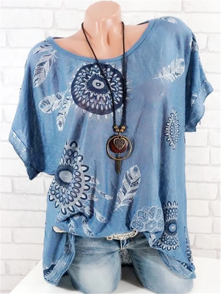 

New fashion casual loose large size shirt sequins round neck short sleeve printed temperament ladies shirt women