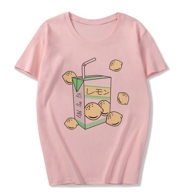 2684-Pink Summer New Pink Fashion Korean Style Women's Japanese Peach Juice Drink Print Harajuku Vogue Casual Loose Kawaii Female T Shirt - Color: 2684-Pink