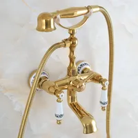Modern Luxury Golden Brass Wall Mount Bathroom Bathtub Faucet Set with 1500MM Hose Handheld Shower Spray Head Mixer Tap Dna861