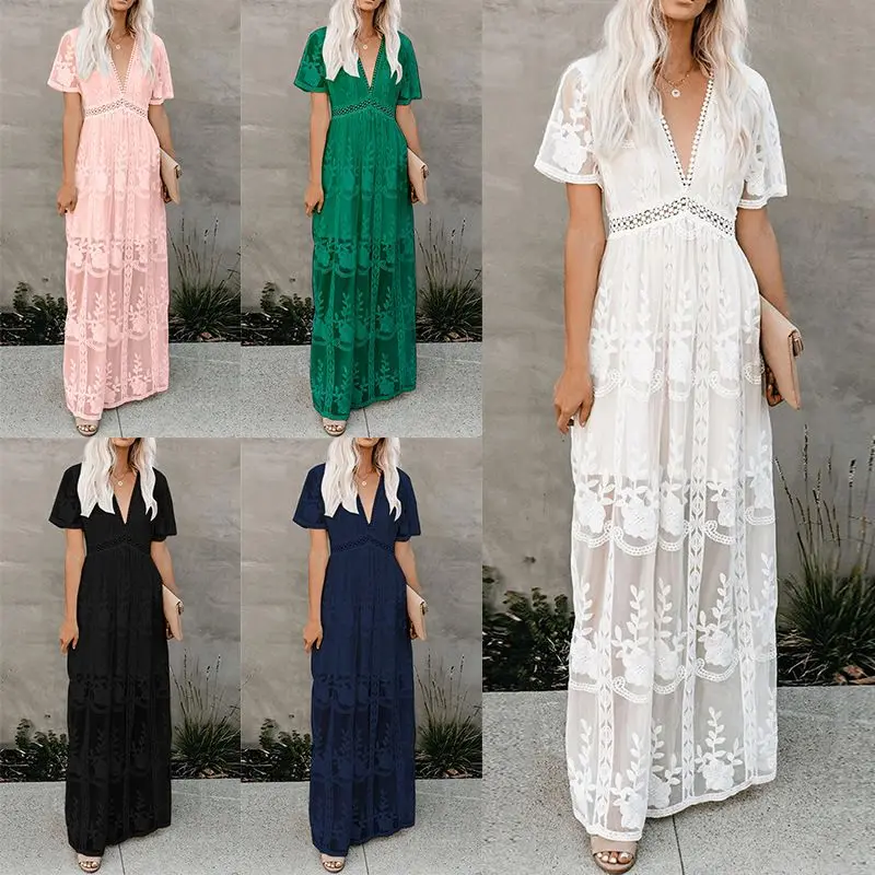 

2021 women's fashion solid color high waist V-neck embroidery short sleeve lace dress clothing women set woman dresses summer