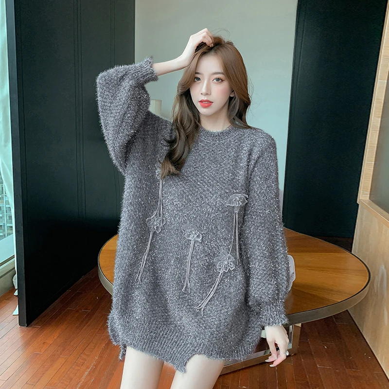 

Повседневный Универсальный пуловер свитер 2021 Осень-Зима дизайнерский свободный свитер с рукавами-фонариками корейская мода женская одежд...