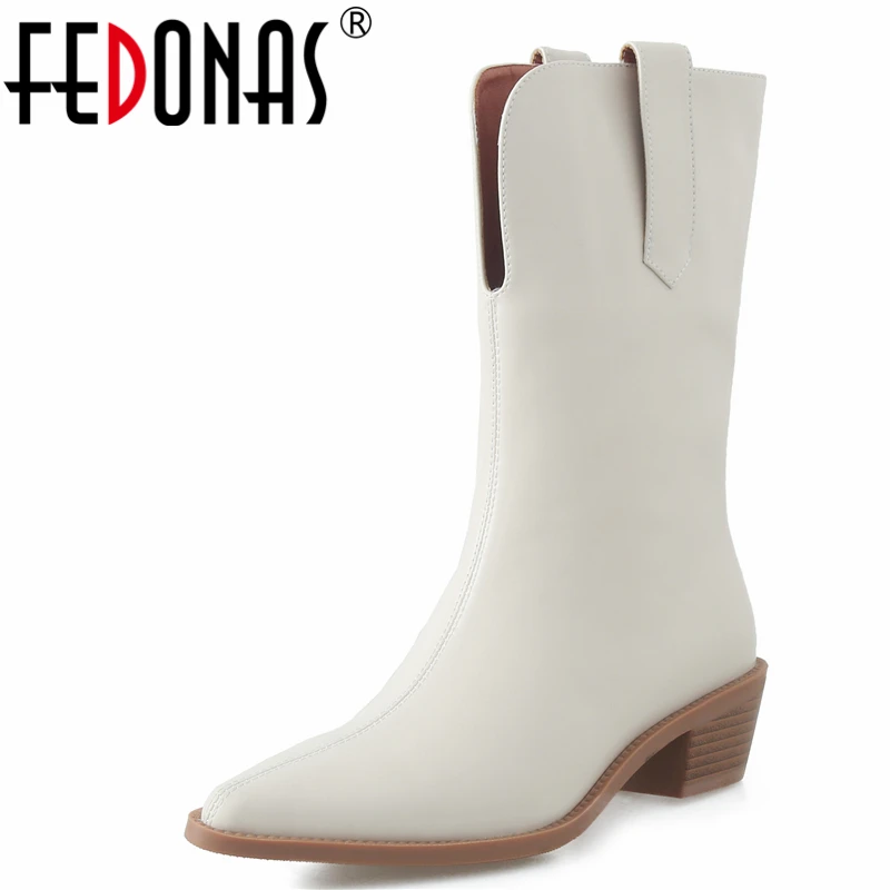 

FEDONAS Pointed Toe Thick Heels Western Boots Women Mid-Calf Boots Fashion Concise Genuine Leather Autumn Winter Shoes Woman