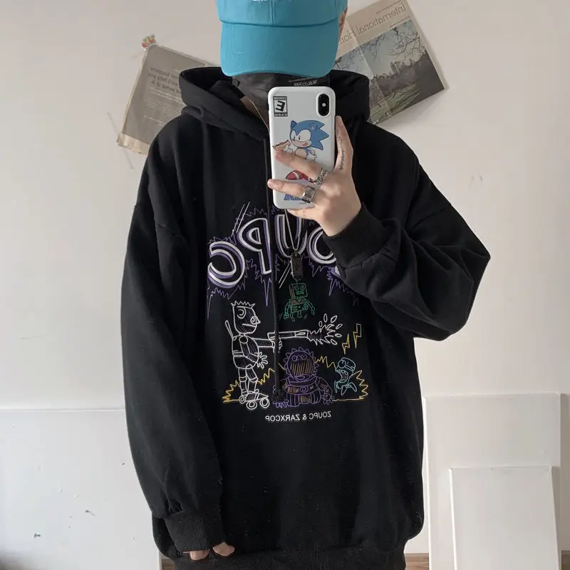 

Street ladies pullover smiley print hoodie oversized Harajuku style hooded plus size winter couple sweatshirt ladies