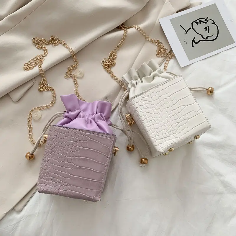 

Purple Drawstring Mini Handbags Women Small Square Shoulder Bag Fashion PU Leather Ladies Chain Mini Crossbody Bags Clutch Purse