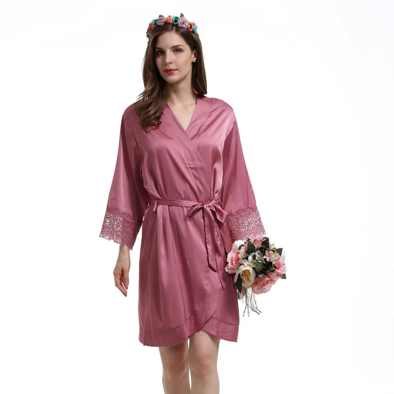 dusky rose Шелковистые халаты для подружки невесты, кружевной халат, атласный кружевной халат для невесты, подарки для подружки невесты, свадебное праздничное платье, женский халат A400F - Цвет: dusky rose