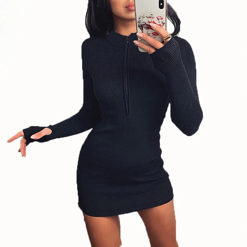 

Sexy Bodycon Dress Ladies Low Cut V-neck Dresses Zipper Long Sleeve Dress for Woman Solid Stretch Plus Size Clothes