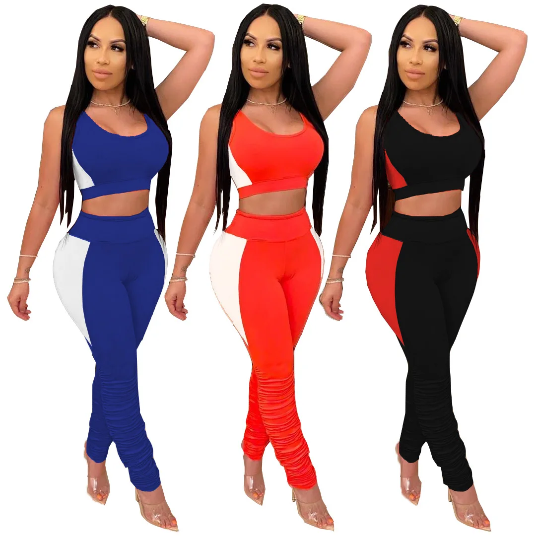 

2020 Summer Women Sports Suit Hot Style Model Fashion Patchwork Ruffle European And American Sexy Sleeveless Two Piece Set