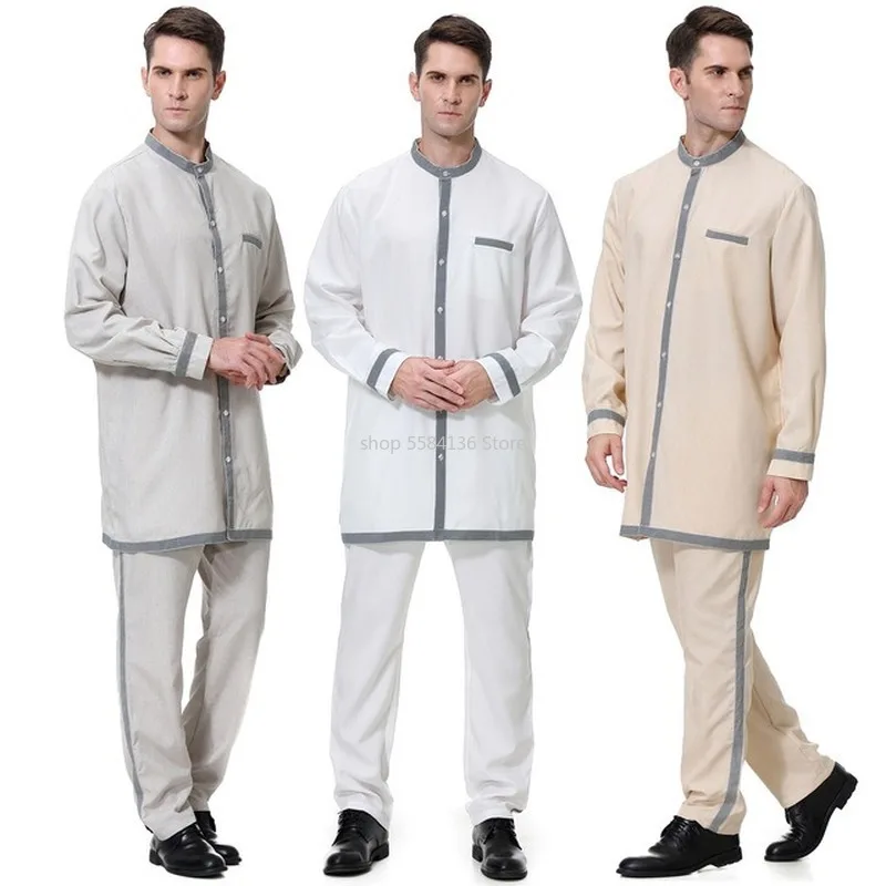 Thobe For Men Arab Dubai Cotton Mens Formal Muslim Set Two Piece Top Bottom Pants Clothing Islamic Kaftan Prayer Suits | Тематическая