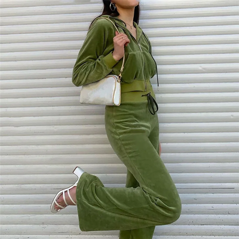 

SEASONS Casual Solid Velvet 2 Two Piece Set Women Long Sleeve Zipper Hoodies And Drawstring Wide Leg Pants Streetwear ASSU83713